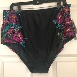 High waist, slimming, black & floral swim bottom
